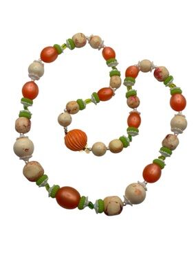Fruit salad green orange cream beaded flower Mid Century necklace vintage